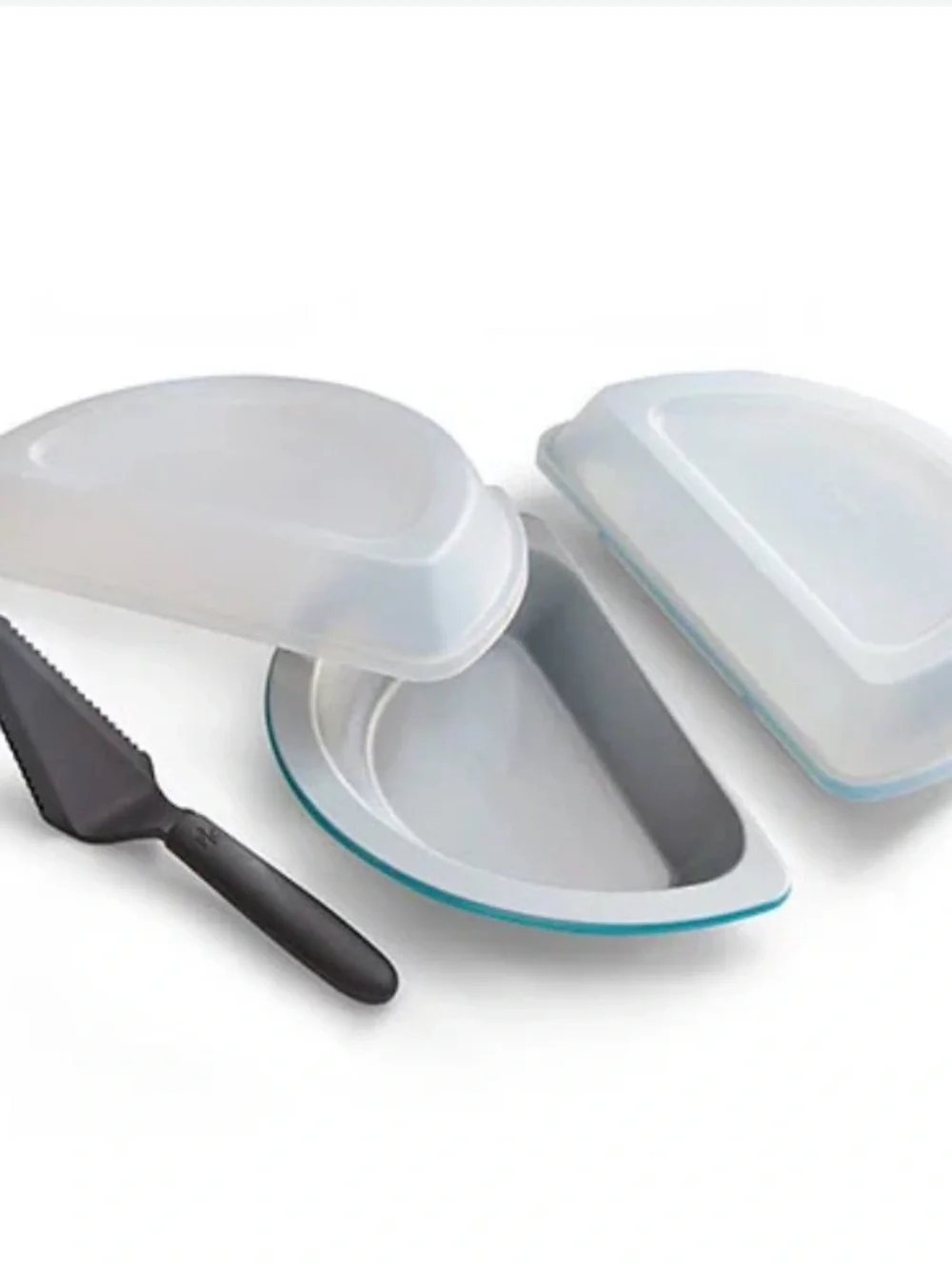 Pampered Chef Ceramic Bake Dish with Lids and Server - White and Aqua Trim
